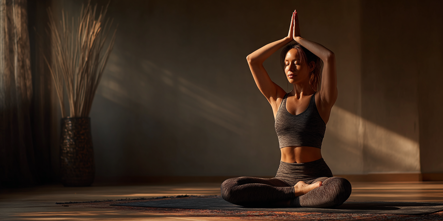 Жінка практикує йогу в спокійному приміщенні з м'яким освітленням